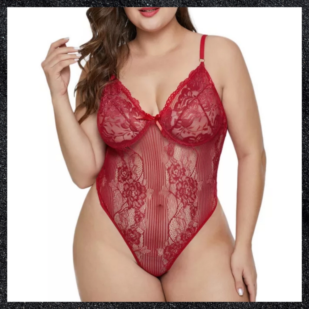 Red Sheer Floral Lace Plus Size Bodysuit